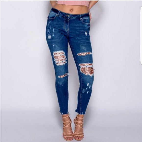 Simply Spellbound Boutique Denim - FINAL PRICE Rose Gold Sequin Skinny Jeans